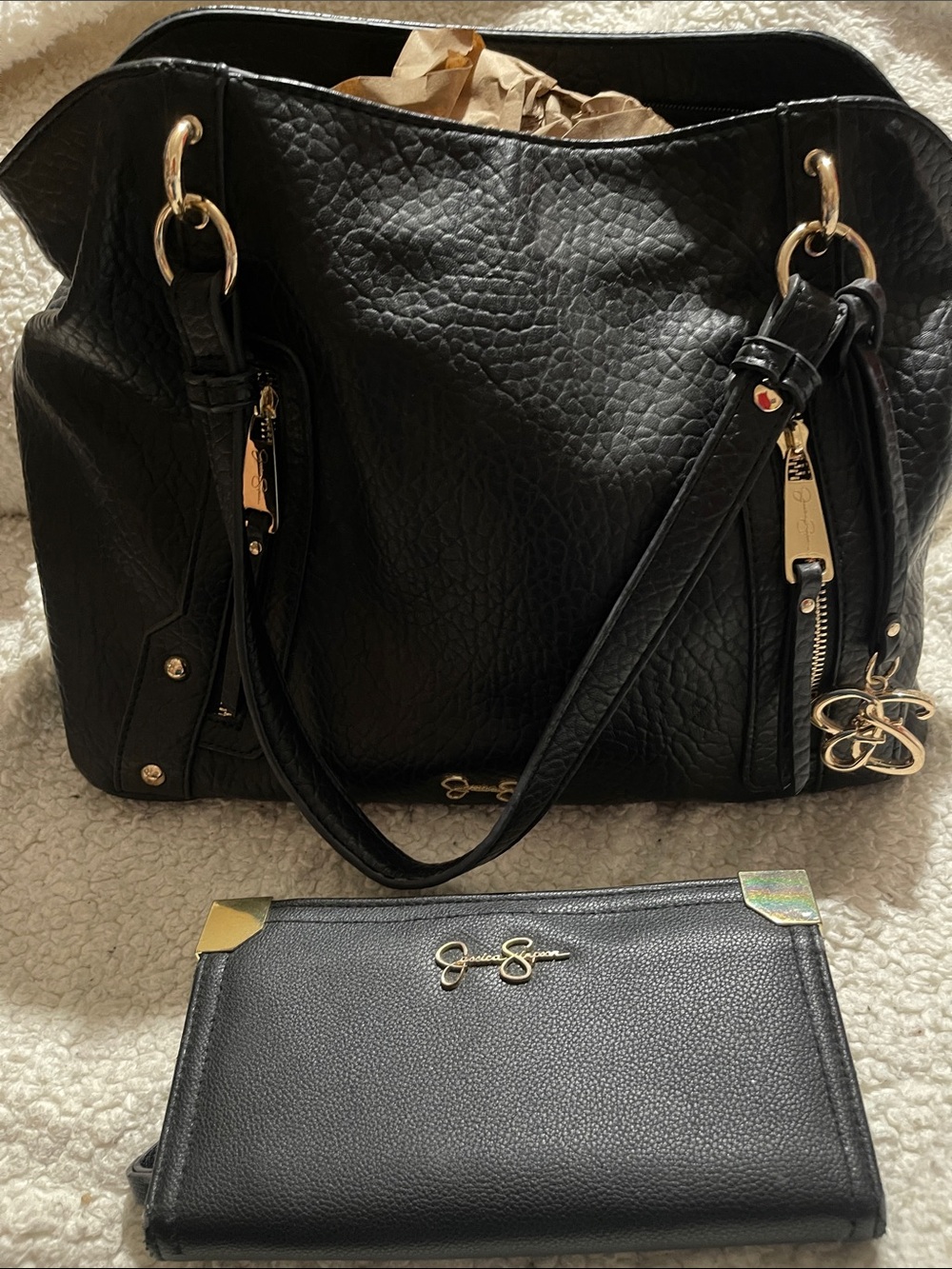 Jessica Simpson Black Shoulder Tote with Matching Black Wallet